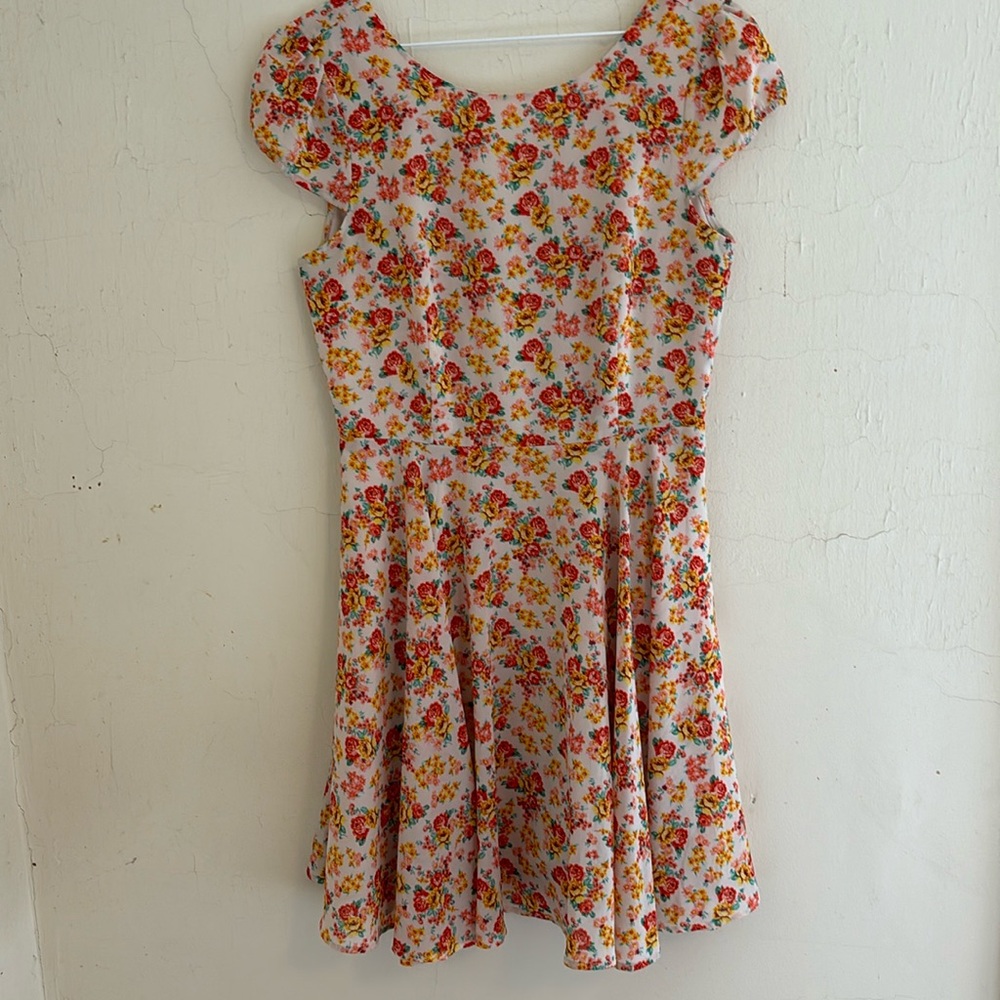 Forever 21 pink & yellow fit & flare spring dress size small